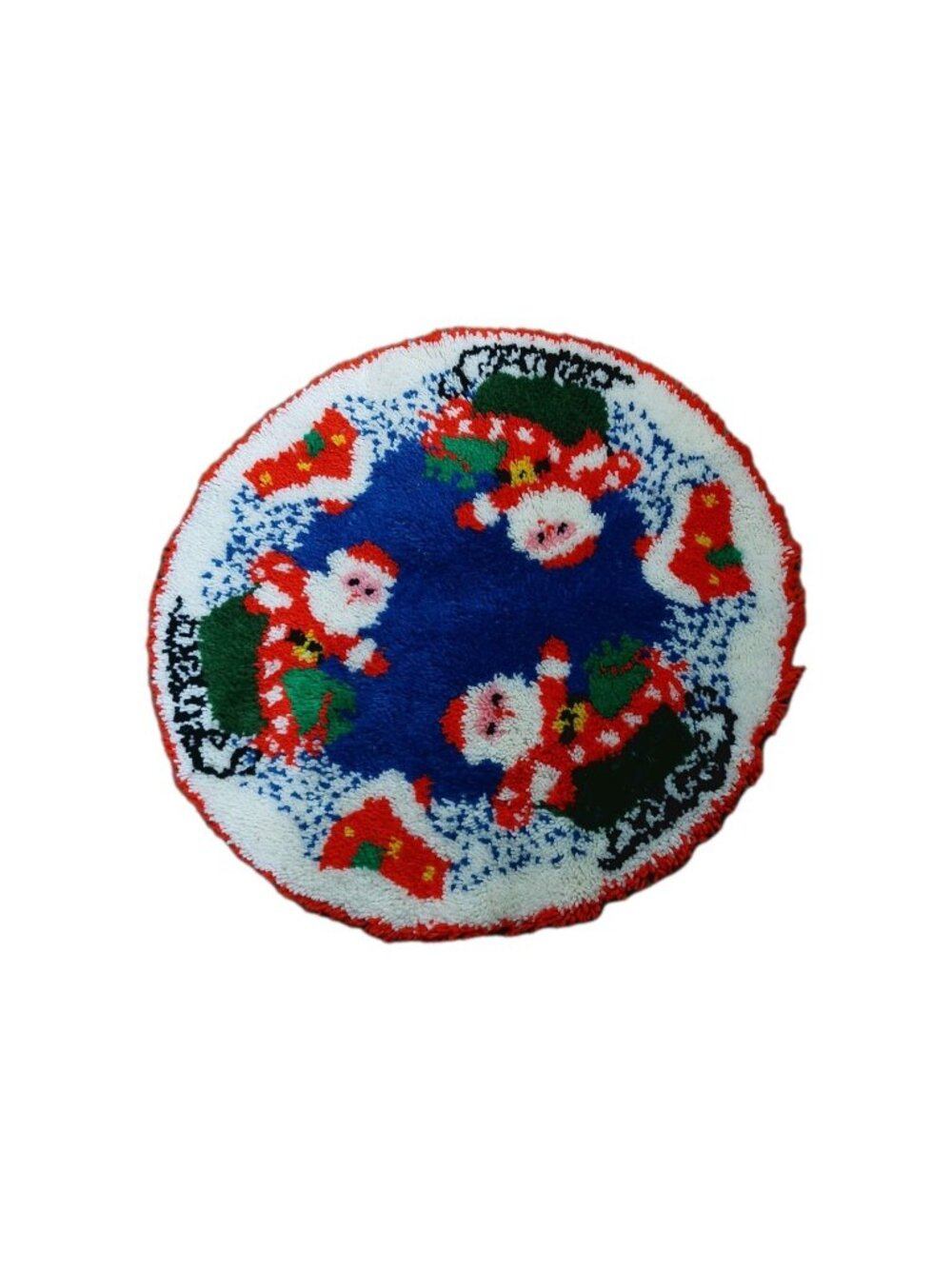 Vintage Latch Hook Rug Christmas  Santa White Red Blue Handmade Width 36" READ